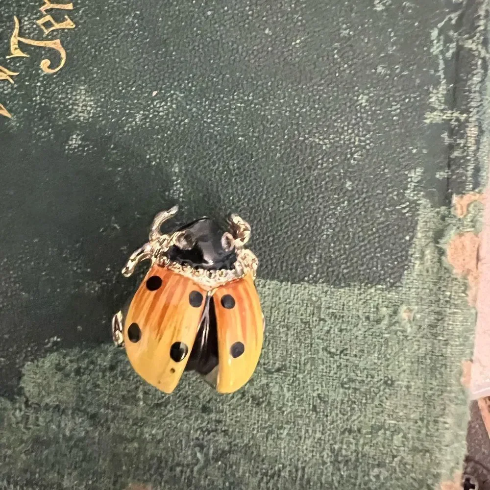 Elegant vintage Ladybug Brooch in Orange and Black w crystal embellishment.